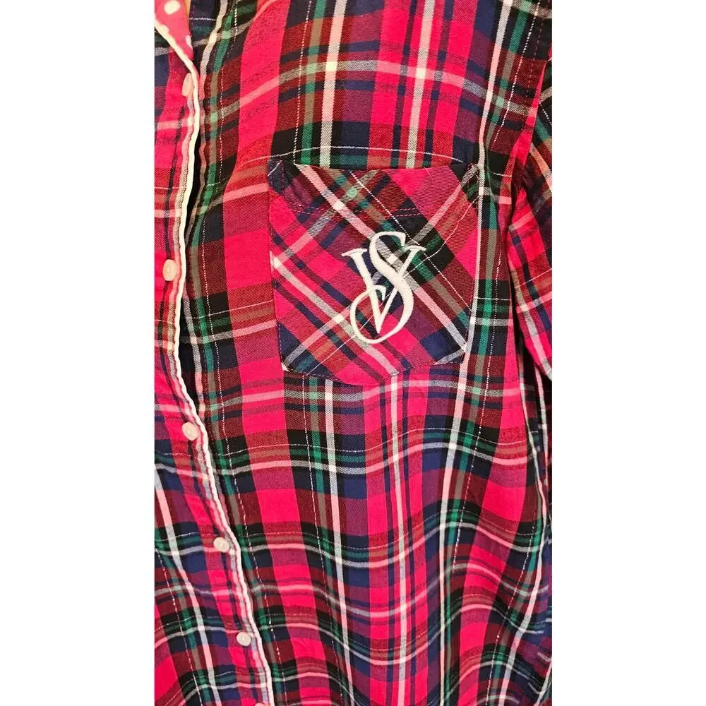 Victoria's Secret size S tunic button up dress flannel pajama top EUC 90s plaid